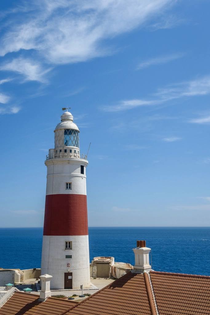 The red and white Trinity Lighthouse at Europa Point against a blue sky.